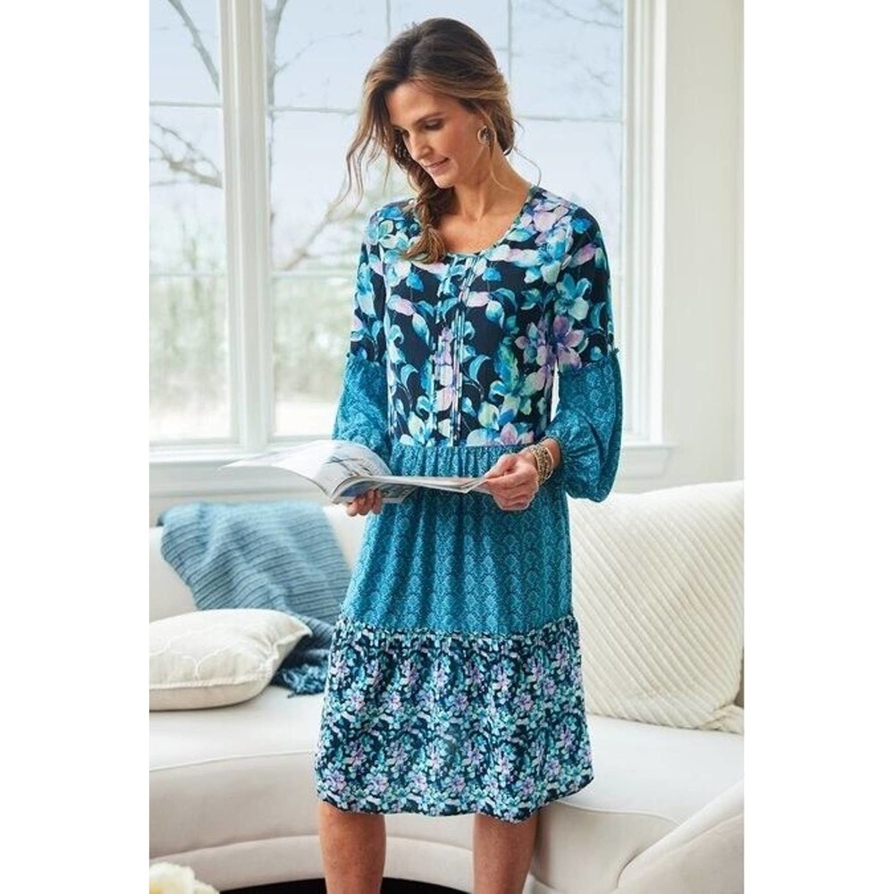 Soft Surroundings Night Bloom Dress Mixed Floral Print Size Large